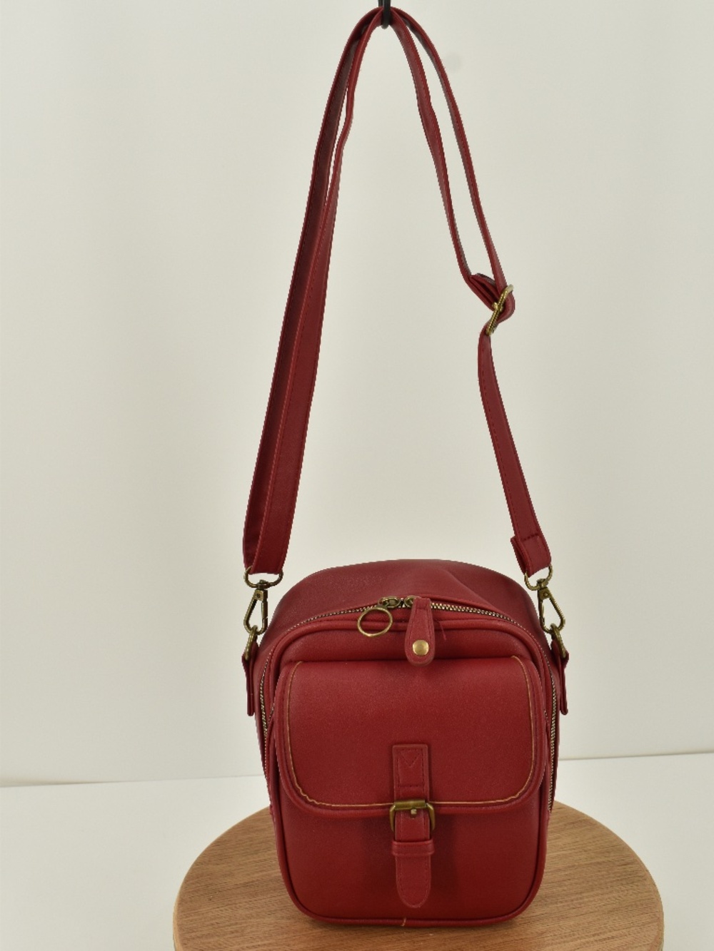 Vintage Style Multi Pocket Wallet Crossbody Bag Dark Red Burgundy